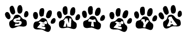 The image shows a series of animal paw prints arranged horizontally. Within each paw print, there's a letter; together they spell Senteya