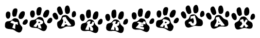The image shows a series of animal paw prints arranged in a horizontal line. Each paw print contains a letter, and together they spell out the word Trakkerjax.