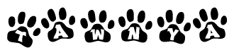 The image shows a series of animal paw prints arranged in a horizontal line. Each paw print contains a letter, and together they spell out the word Tawnya.