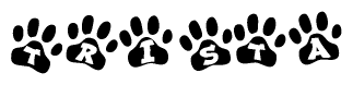 The image shows a series of animal paw prints arranged horizontally. Within each paw print, there's a letter; together they spell Trista