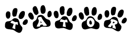 The image shows a series of animal paw prints arranged horizontally. Within each paw print, there's a letter; together they spell Tator