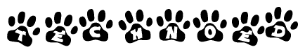 The image shows a series of animal paw prints arranged horizontally. Within each paw print, there's a letter; together they spell Technoed