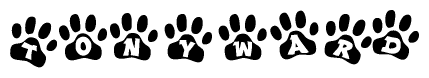 The image shows a row of animal paw prints, each containing a letter. The letters spell out the word Tonyward within the paw prints.