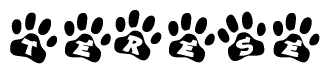 The image shows a series of animal paw prints arranged in a horizontal line. Each paw print contains a letter, and together they spell out the word Terese.