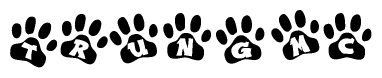 The image shows a series of animal paw prints arranged in a horizontal line. Each paw print contains a letter, and together they spell out the word Trungmc.