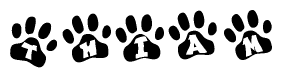 The image shows a series of animal paw prints arranged in a horizontal line. Each paw print contains a letter, and together they spell out the word Thiam.
