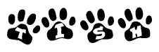 The image shows a series of animal paw prints arranged horizontally. Within each paw print, there's a letter; together they spell Tish