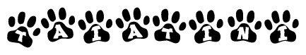 The image shows a row of animal paw prints, each containing a letter. The letters spell out the word Taiatini within the paw prints.