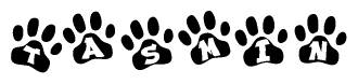 The image shows a row of animal paw prints, each containing a letter. The letters spell out the word Tasmin within the paw prints.