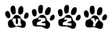 The image shows a series of animal paw prints arranged in a horizontal line. Each paw print contains a letter, and together they spell out the word Uzzy.