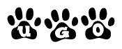 The image shows a row of animal paw prints, each containing a letter. The letters spell out the word Ugo within the paw prints.