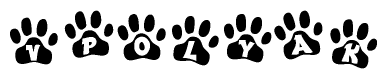 The image shows a series of animal paw prints arranged in a horizontal line. Each paw print contains a letter, and together they spell out the word Vpolyak.