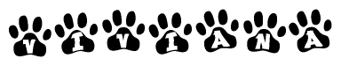 The image shows a series of animal paw prints arranged in a horizontal line. Each paw print contains a letter, and together they spell out the word Viviana.