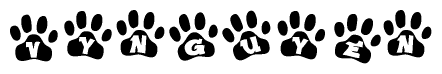 The image shows a series of animal paw prints arranged in a horizontal line. Each paw print contains a letter, and together they spell out the word Vynguyen.