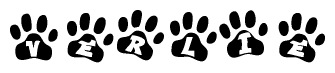 The image shows a series of animal paw prints arranged horizontally. Within each paw print, there's a letter; together they spell Verlie