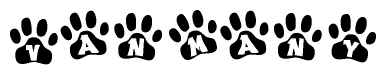 The image shows a series of animal paw prints arranged horizontally. Within each paw print, there's a letter; together they spell Vanmany