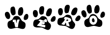 The image shows a row of animal paw prints, each containing a letter. The letters spell out the word Vero within the paw prints.