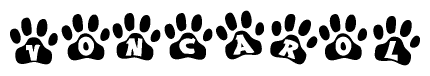 The image shows a series of animal paw prints arranged horizontally. Within each paw print, there's a letter; together they spell Voncarol