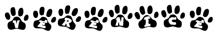 The image shows a series of animal paw prints arranged horizontally. Within each paw print, there's a letter; together they spell Verenice