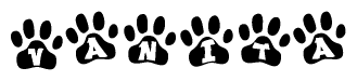 The image shows a series of animal paw prints arranged horizontally. Within each paw print, there's a letter; together they spell Vanita