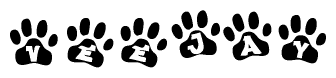 The image shows a row of animal paw prints, each containing a letter. The letters spell out the word Veejay within the paw prints.