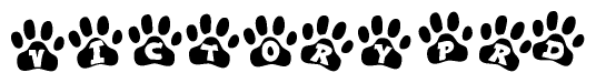 The image shows a series of animal paw prints arranged horizontally. Within each paw print, there's a letter; together they spell Victoryprd