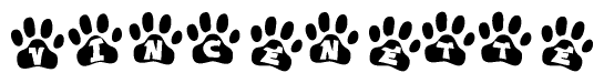 The image shows a series of animal paw prints arranged horizontally. Within each paw print, there's a letter; together they spell Vincenette
