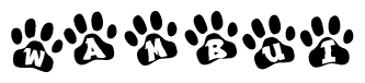 The image shows a row of animal paw prints, each containing a letter. The letters spell out the word Wambui within the paw prints.
