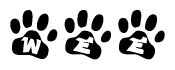The image shows a series of animal paw prints arranged horizontally. Within each paw print, there's a letter; together they spell Wee