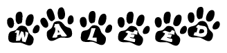 The image shows a row of animal paw prints, each containing a letter. The letters spell out the word Waleed within the paw prints.