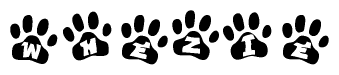 The image shows a row of animal paw prints, each containing a letter. The letters spell out the word Whezie within the paw prints.