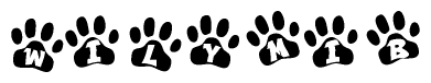 The image shows a series of animal paw prints arranged in a horizontal line. Each paw print contains a letter, and together they spell out the word Wilymib.