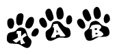 The image shows a row of animal paw prints, each containing a letter. The letters spell out the word Xab within the paw prints.