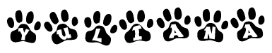 The image shows a series of animal paw prints arranged horizontally. Within each paw print, there's a letter; together they spell Yuliana