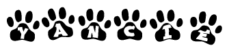 The image shows a series of animal paw prints arranged horizontally. Within each paw print, there's a letter; together they spell Yancie