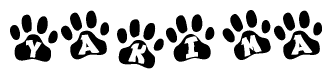 The image shows a series of animal paw prints arranged horizontally. Within each paw print, there's a letter; together they spell Yakima