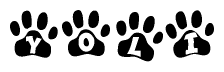 The image shows a row of animal paw prints, each containing a letter. The letters spell out the word Yoli within the paw prints.