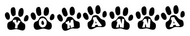 The image shows a series of animal paw prints arranged in a horizontal line. Each paw print contains a letter, and together they spell out the word Yohanna.