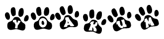 The image shows a series of animal paw prints arranged in a horizontal line. Each paw print contains a letter, and together they spell out the word Yoakum.