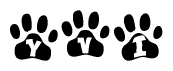 The image shows a row of animal paw prints, each containing a letter. The letters spell out the word Yvi within the paw prints.