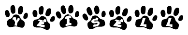 The image shows a series of animal paw prints arranged horizontally. Within each paw print, there's a letter; together they spell Yeisell