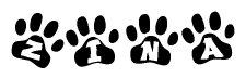 The image shows a series of animal paw prints arranged horizontally. Within each paw print, there's a letter; together they spell Zina