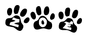The image shows a row of animal paw prints, each containing a letter. The letters spell out the word Zoe within the paw prints.