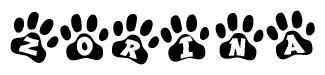 The image shows a row of animal paw prints, each containing a letter. The letters spell out the word Zorina within the paw prints.