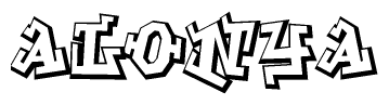 The clipart image depicts the word Alonya in a style reminiscent of graffiti. The letters are drawn in a bold, block-like script with sharp angles and a three-dimensional appearance.