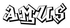 The image is a stylized representation of the letters Amus designed to mimic the look of graffiti text. The letters are bold and have a three-dimensional appearance, with emphasis on angles and shadowing effects.