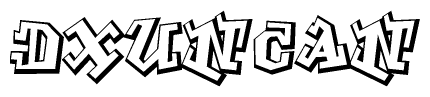 The image is a stylized representation of the letters Dxuncan designed to mimic the look of graffiti text. The letters are bold and have a three-dimensional appearance, with emphasis on angles and shadowing effects.