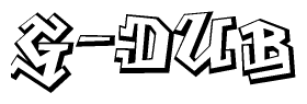 The image is a stylized representation of the letters G-dub designed to mimic the look of graffiti text. The letters are bold and have a three-dimensional appearance, with emphasis on angles and shadowing effects.