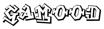 The clipart image depicts the word Gamood in a style reminiscent of graffiti. The letters are drawn in a bold, block-like script with sharp angles and a three-dimensional appearance.