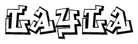 The image is a stylized representation of the letters Layla designed to mimic the look of graffiti text. The letters are bold and have a three-dimensional appearance, with emphasis on angles and shadowing effects.